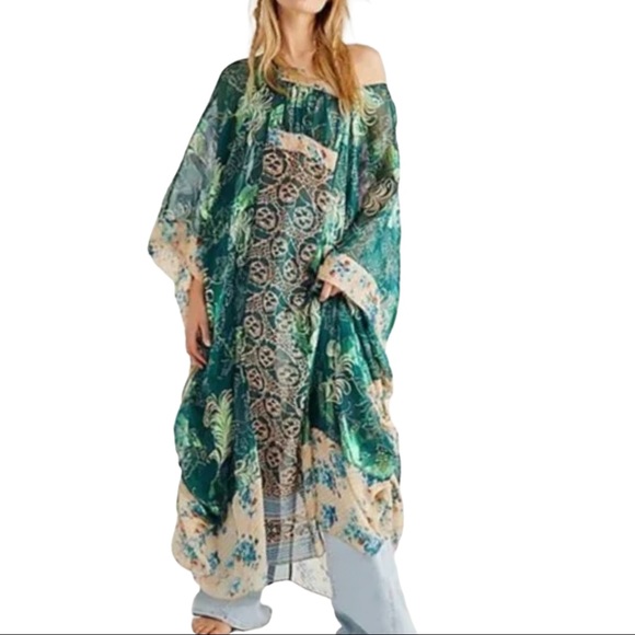 Anna Sui x Free People Upcycle Kaftan S/M Teal Floral Silk Maxi Kimono Top USA - Picture 3 of 8